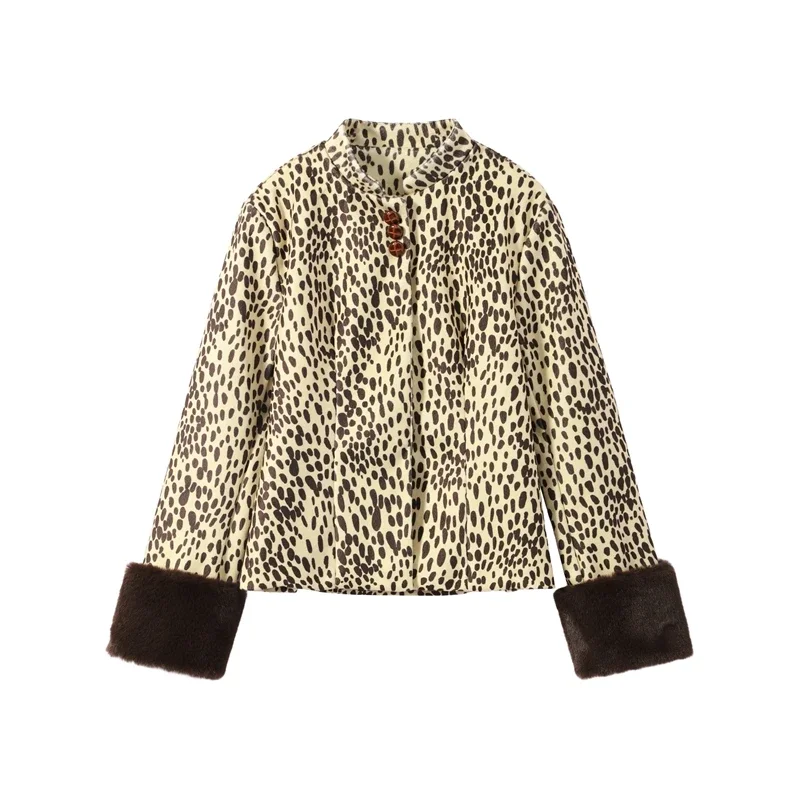 2026 Herbst Winter Sexy Leoparden-Fell-Patchwork-Jacke Damen Schick Langarm Bedruckt Schmal Geschnitten O-Ausschnitt Knopf-Mäntel Damen Oberbekleidung Neu – Detail 9
