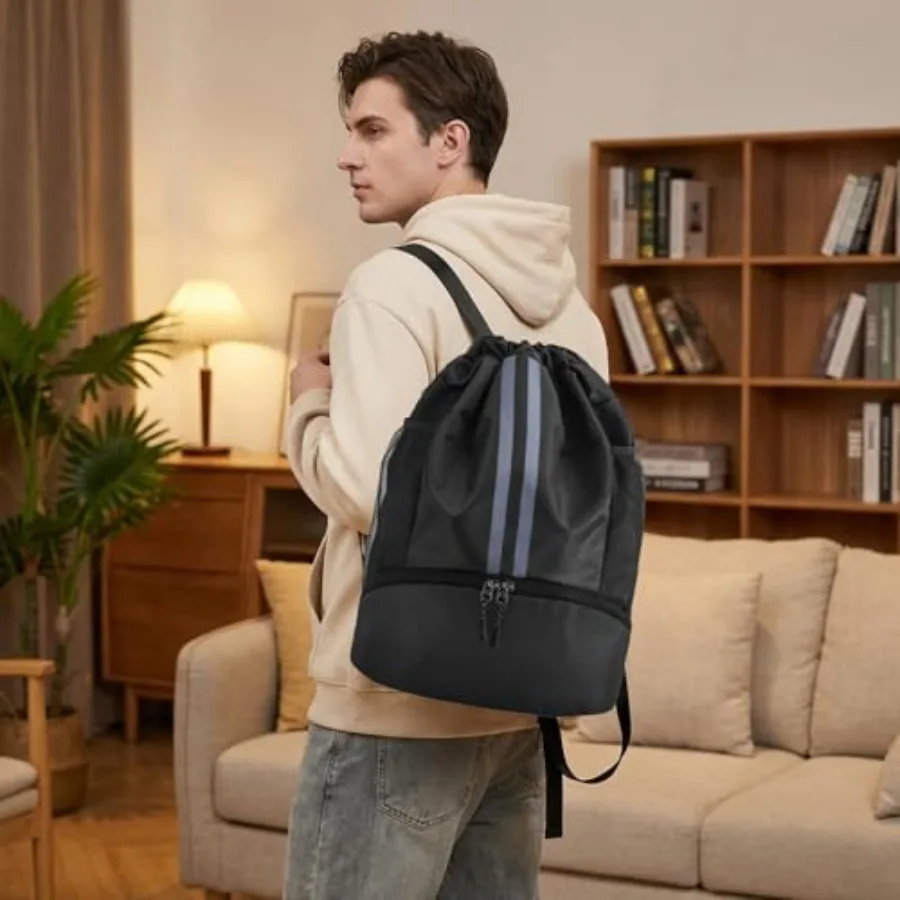 Sports Drawstring Backpack with Shoes Compartment, String Gym Bag with Wet Proof Pocket for Basketball, Soccer, Swim, Sport Bag view 6