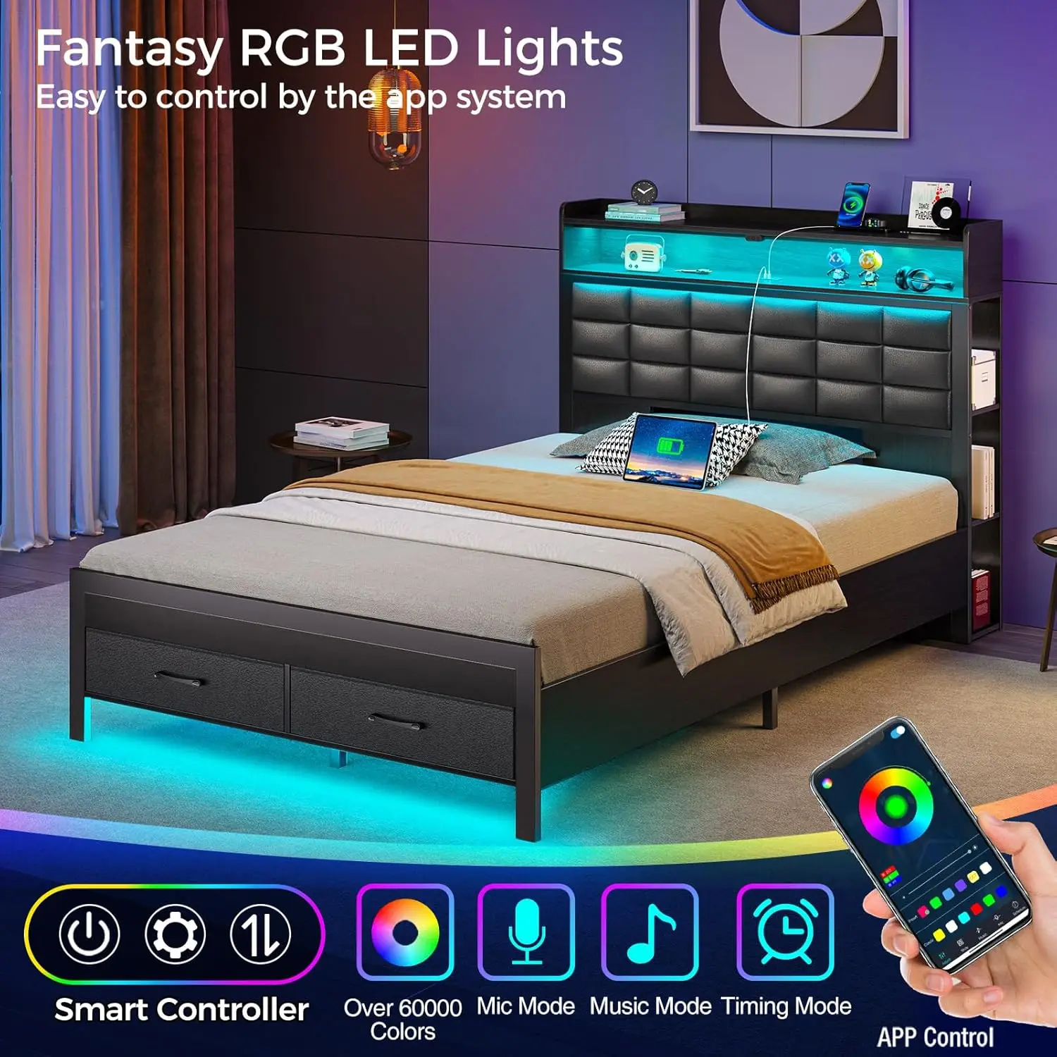 Bedframe twin-size met opberghoofdeinde en 2 lades, gestoffeerd platformbed met laadstation en LED-licht, Heavy Du