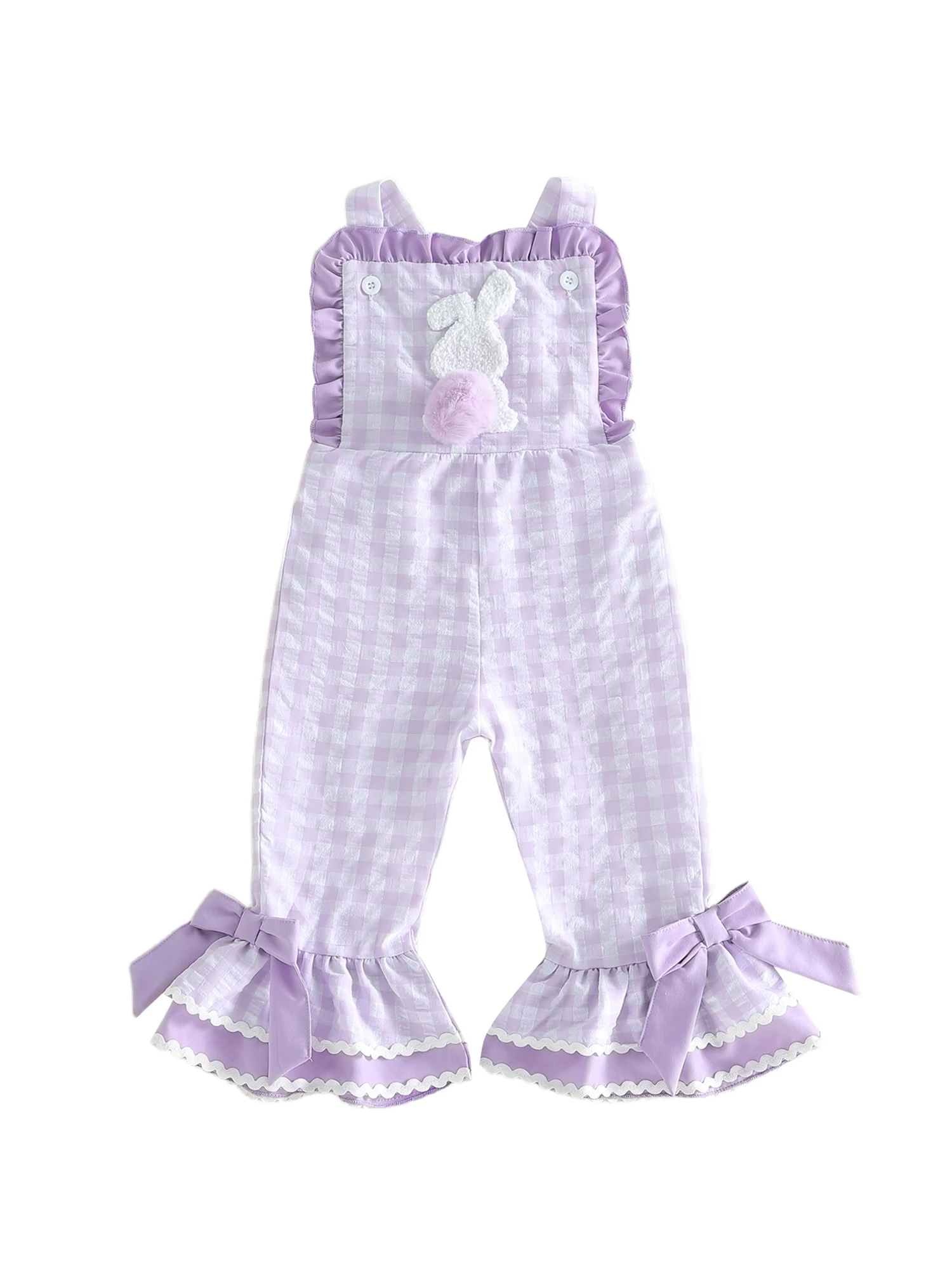 

Girls Plaid Bunny Jumpsuit with Bow Detail Adorable Flare Pants for Easter Celebrations and Everyday Wear