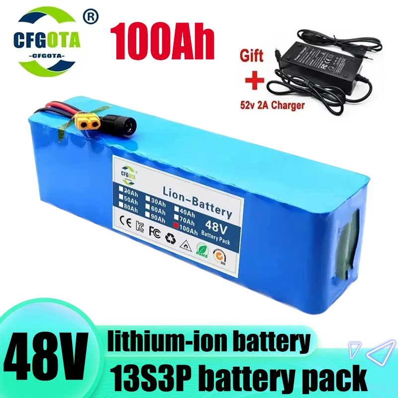 48V 100Ah 500W 750W 1000W 2000W 13S3P XT60 48V lithium-ion battery pack 54.6V charger
