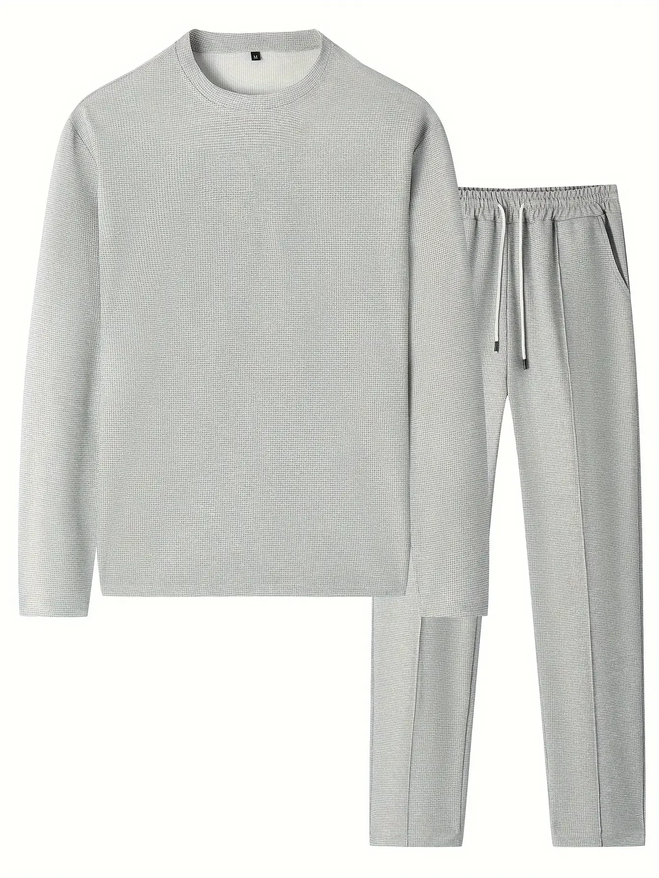 بدلة كاجوال منقوشة بلون سادة مكونة من قطعتين للرجال بأكمام طويلة ورقبة دائرية وأكمام طويلة بلوفر بلون سادة