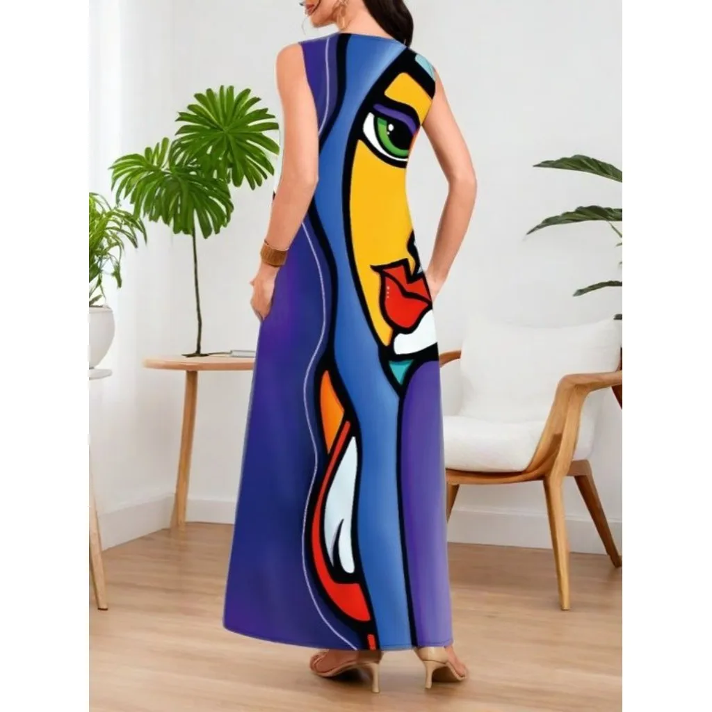 Abstract Print Pocket Loose Long Dress, Bohemian Casual V-neck Sleeveless Dress, Suitable for Spring and Summer, Women's Wear