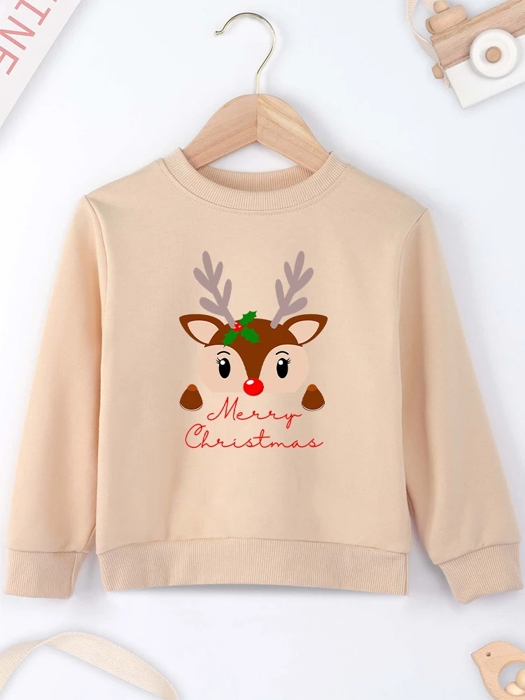 Cute Christmas Reindeer Kids Hoodies European American Trend Xmas Children\'s Clothes Kawaii Harajuku Boy Girl Sweatshirt Grey