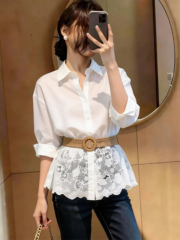

Белая кружевная блузка с оборками для женщин, весенне-летний дизайн, утягивающий топ с эффектом утяжки талии, французский стиль, свободный крой, имитация двухслойности, кружевные рукава