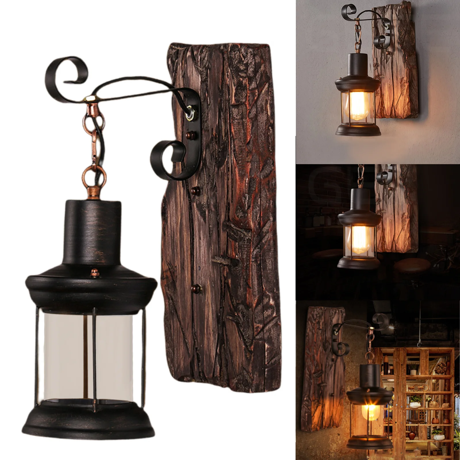 

Wood Wall Lamp Vintage Sconce Light E27 Solid Decor Ornament Wall Light Rustic Lantern for Bar Corridor Dining Room