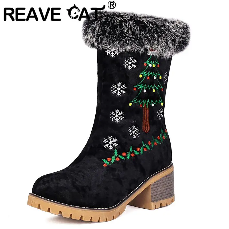 

REAVE CAT 2024, новые модные зимние зимние ботинки с плюшевым мехом на массивном каблуке 5 см, без шнуровки, с вышивкой, подарочная рождественская обувь 42 43