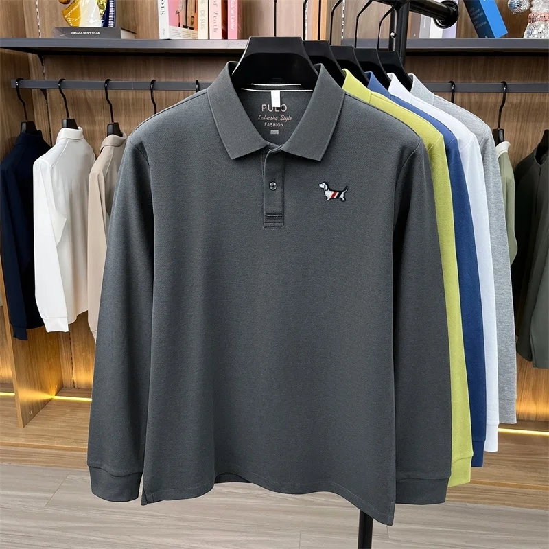 Herbst Neuheit: Herren Langarm-Poloshirt, Einfarbig mit Stickerei, 100% Baumwolle, Lässige Mode-Herrenbekleidung – Detail 10