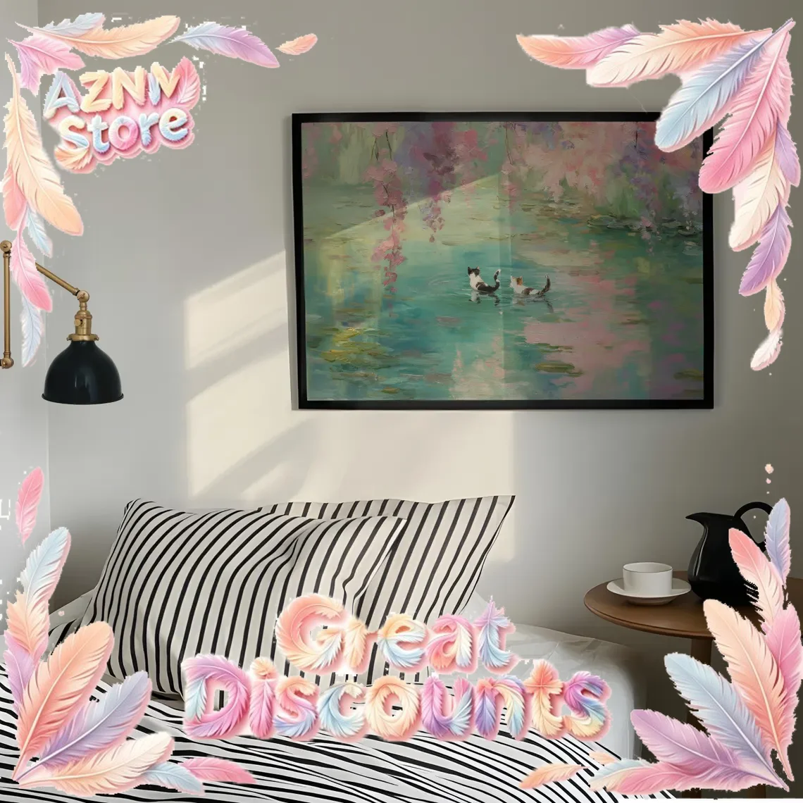Whimsical Monet Style Cats Wall Print Decor Dreamy Impressionist Painting of Two Cats Wading in a Water Lily Pond Canvas 2026