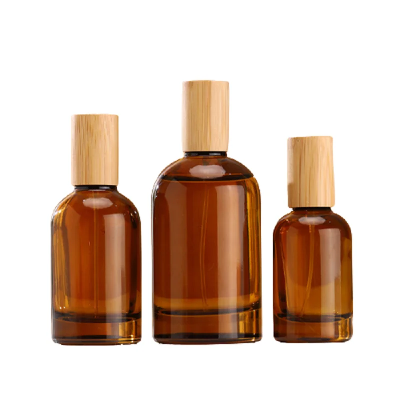 5pcs Spray Mist Refill Bottle Bamboo Wooden Cap Black Crimp Pump Empty Atomizer Perfume Clear Brown Glass Bottle 30ml 50ML100ML