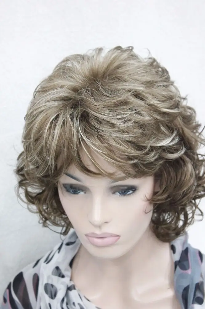 Chic Curly 14" Ligth Brown With Blonde Highlight Synthetic Hair Women' Short Wig