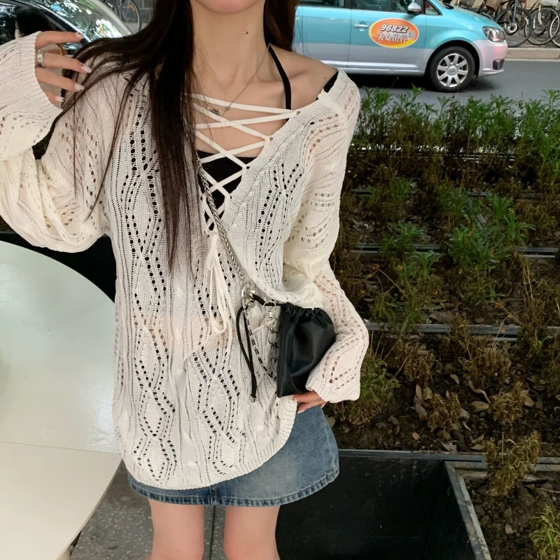 Juspinice White Lazy Style Hollow Strap Sweater Women in Spring and Summer V-neck Long Sleeve Loose Casual Fashionable Smock Top