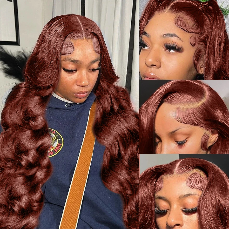 Perruque Lace Front Wig Body Wave Naturelle, Cheveux Humains, Couleur Rouge Foncé, Brun Rousse, 13x6, 13x4, pour Femme