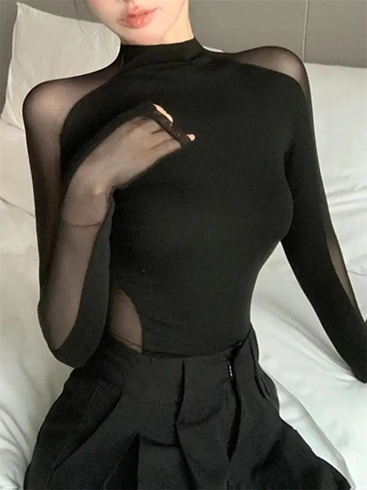 

Сексуальный ажурный сетчатый лоскутный черный топ для женщин, осенняя шикарная футболка с длинными рукавами, прозрачная трендовая клубная футболка