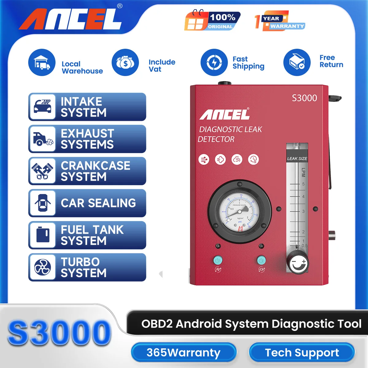 

ANCEL S3000 автомобиль мотоцикл двигатель грузовик детектор утечки дыма масляная труба генератор EVAP вакуумная турбосистема диагностический тестер утечки