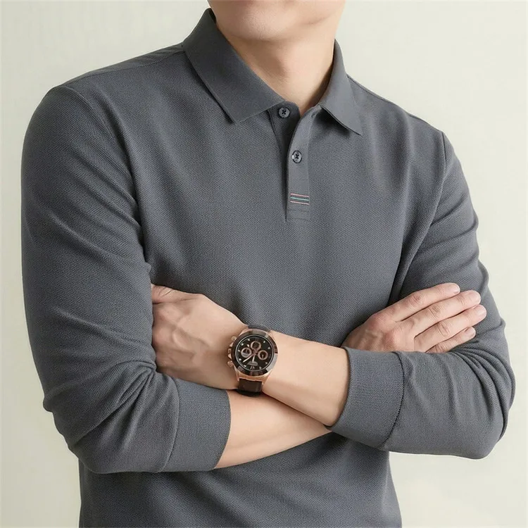 100% Mercerisierte Baumwolle Einfarbiges Business-Casual-Oberteil Herren Old Money Style Langarm-Poloshirt – Detail 19