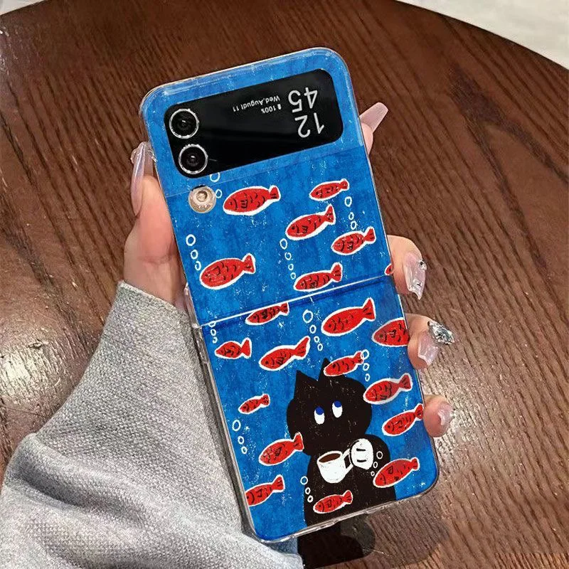 Cute Black Cat Fish Phone Case For Samsung Galaxy Z Flip6 Z Flip 5 Shockproof Hard Cover for Samsung ZFlip 4 3 7 Shell Fundas