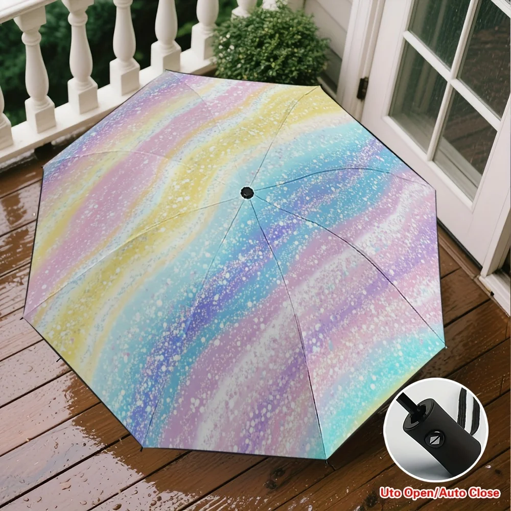 

Open/Close Windproof Heavy-Duty Pastel Rainbow Glitter Umbrella - 8-Rib Reinforced Frame, Self-Opening/ Closing, Iridescent Mu