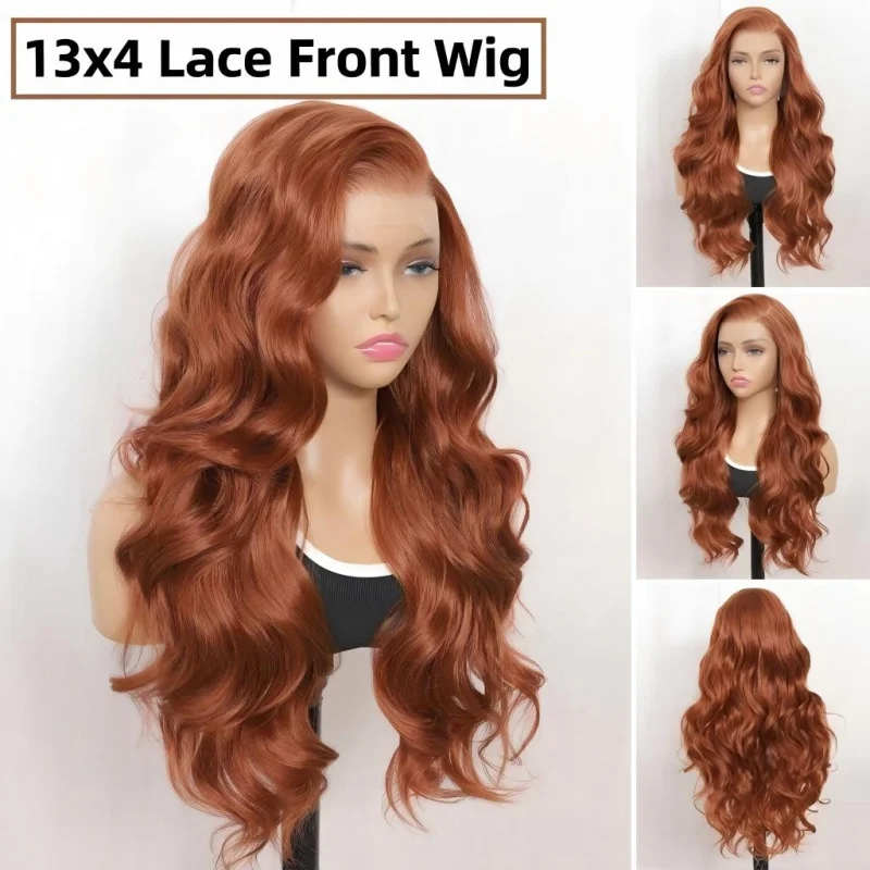 26 Inch Ginger Orange Body Wave 13×4 Lace Front Wig, Soft Loose Curls, Invisible Lace Hairline, Natural Style For Daily Makeup