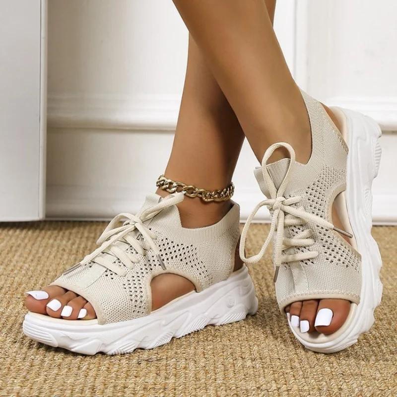 Summer Women Sandals Mesh Casual Shoes White Thick-Soled Lace-Up Sandals Open Toe Shoes Women Hollow out fish bill beach sandals