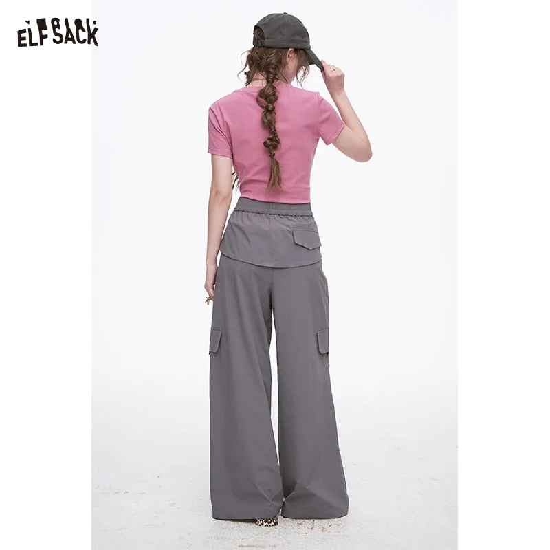 ELFSACK 2025 Spring New Arrivals Grey Casual Lace-Up Cargo Pants Elastic Waist Wide Leg Pants Woman