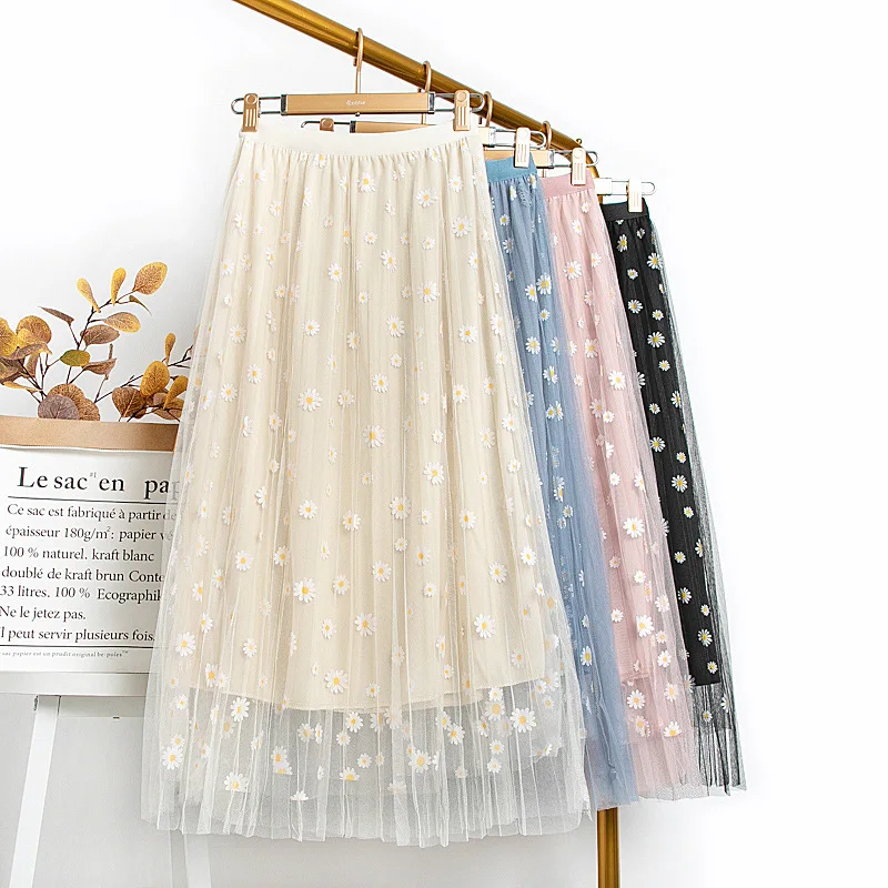 

Printed mesh skirt flower chiffon a-line skirts drape floral fairy 2022 summer thin mid-length skirt