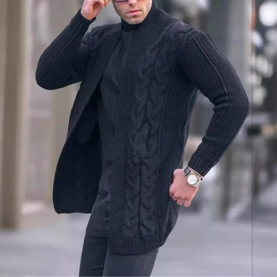 Men Cardigan Sweater Knitted Coat Casual Vintage Knitwear Stretch Stand Collar Outerwear 2025 Autumn Winter Daily Knit Jacket