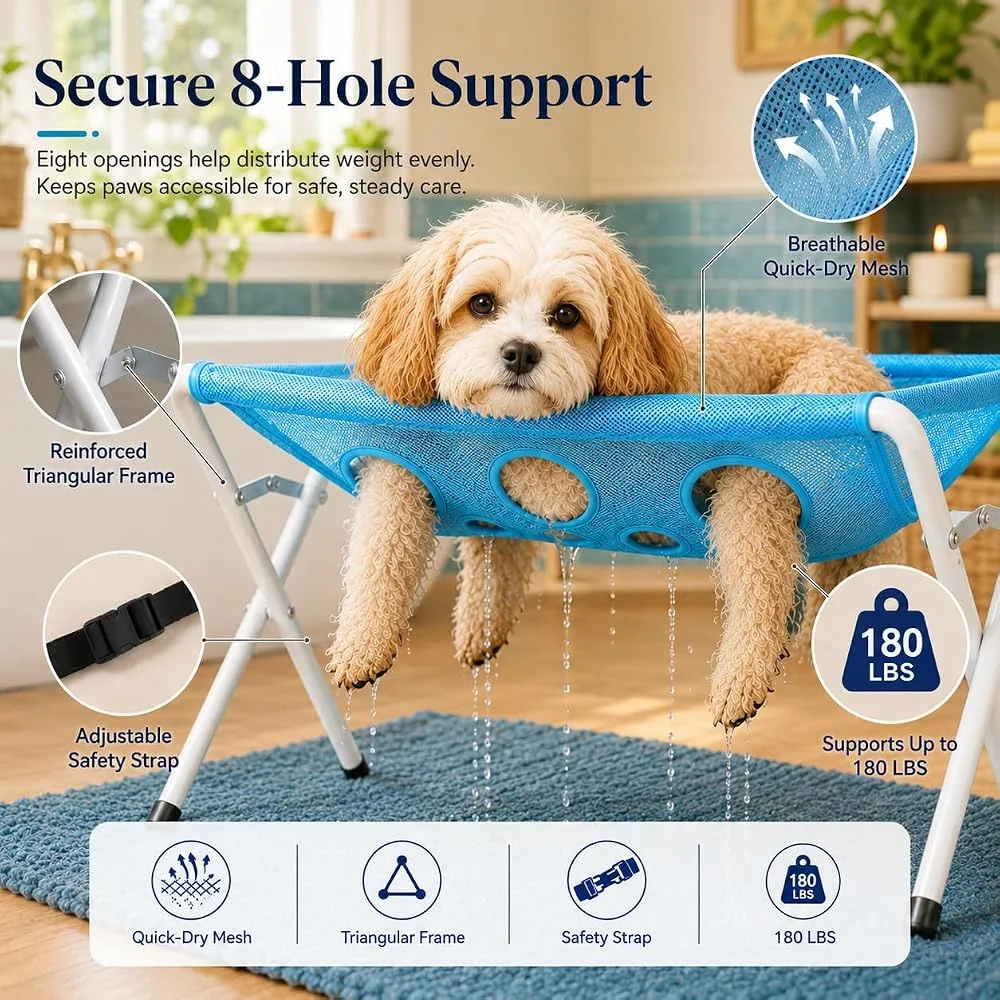 Hunde-Badehängematte, Katzen-Dusch- und Pflegetisch-Hängematte mit klappbarem Ständer, atmungsaktiver Netz-Bade- und Trockentisch für die Nagelpflege – Detail 2