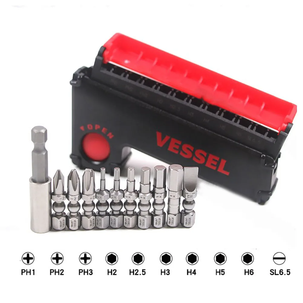 Japan Vessel Impact Ball Torsion Screwdriver Bits Set with Holder Connector in Slide Case