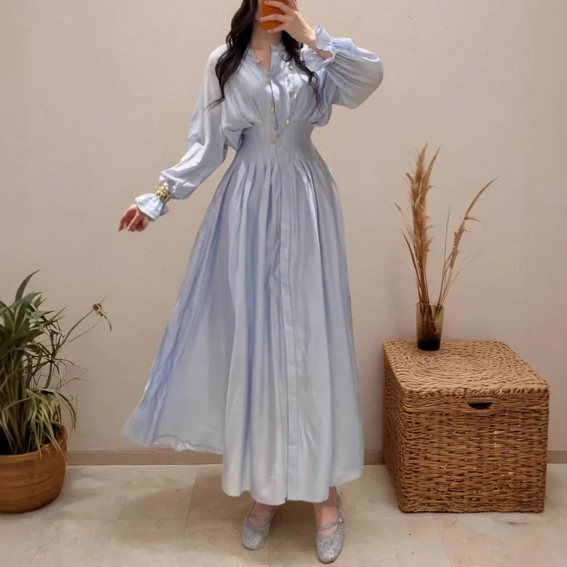 Damen Korsett-Plissee-Maxikleid, schickes, ausgestelltes Langarm-V-Ausschnitt-A-Linien-Hemdkleid, elegantes, lässiges, süßes Sommer-Abaya-Stil-Kleid