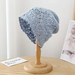 Popular  Beautiful Women Summer  Cotton Crochet Slouchy Beanie Hat Handmade Knit Cutout Summer Floral Skull Cap