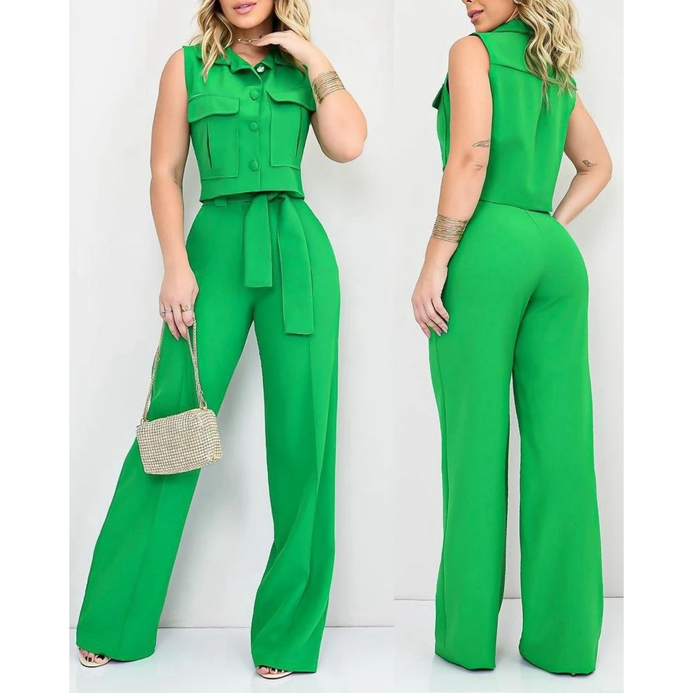 Casual Summer Women Korean Style Buttoned Pocket Design Vest Top & Straight Leg Pants Set Office Lady Two Pieces Set Workwear