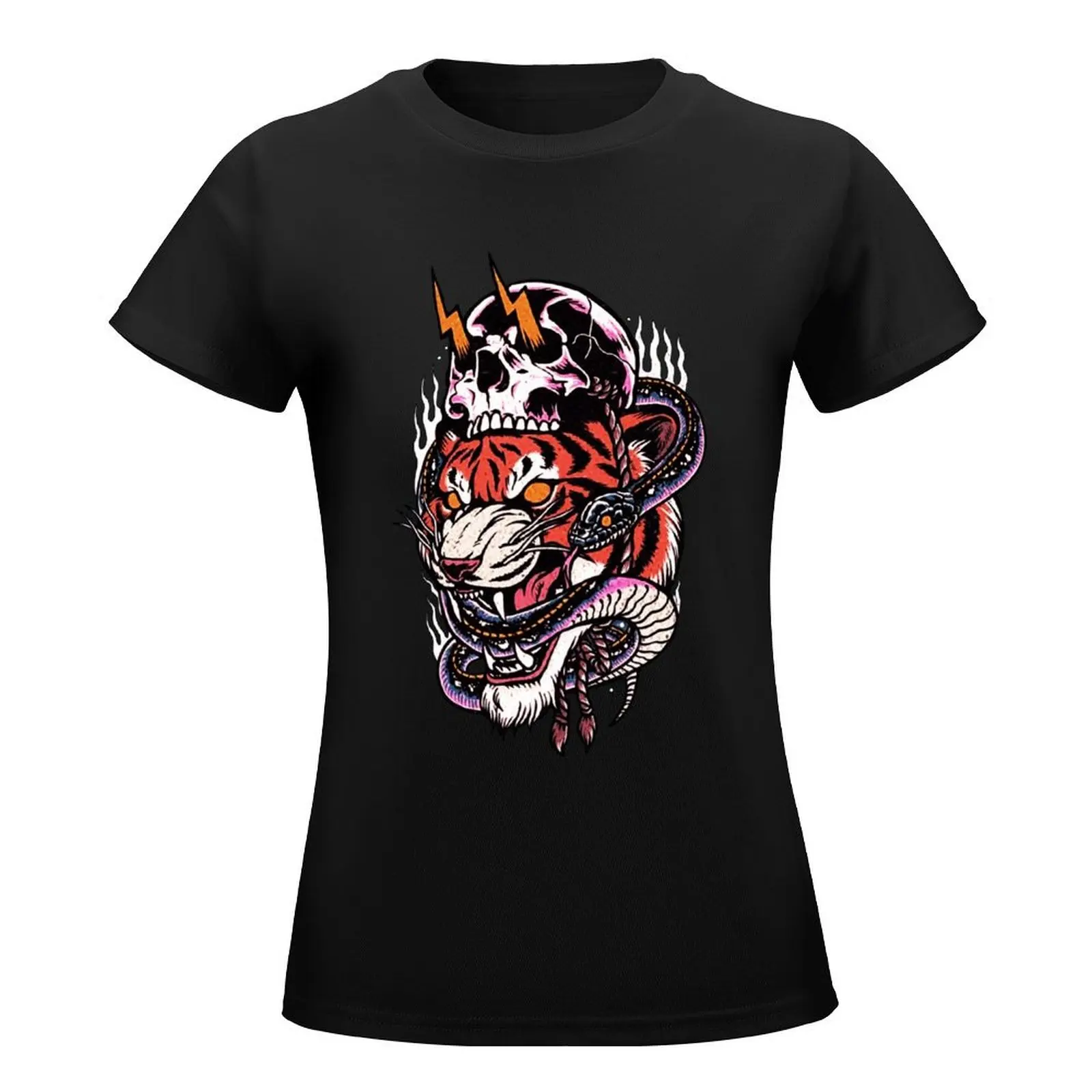 Traditional Tiger and Snake and Skull Tattoo T-Shirt quick drying summer top cute clothes plus size tops tight shirts for Women