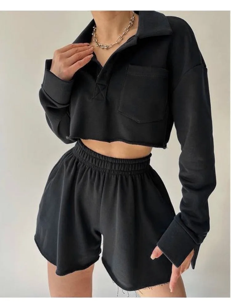 Y2k Streetwear Shorts Set Two-piece Suit Long Sleeve Crop Tops Shorts High Waisted Sweatshirt Student Harajuku Women Clothing