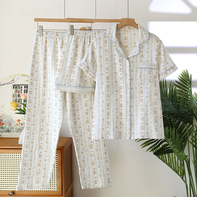 

Summer Thin Women's Cotton Yarn Short-sleeved Shorts 3PCS Pajamas Gauze Half-sleeved Trousers Small Fresh Loungewear