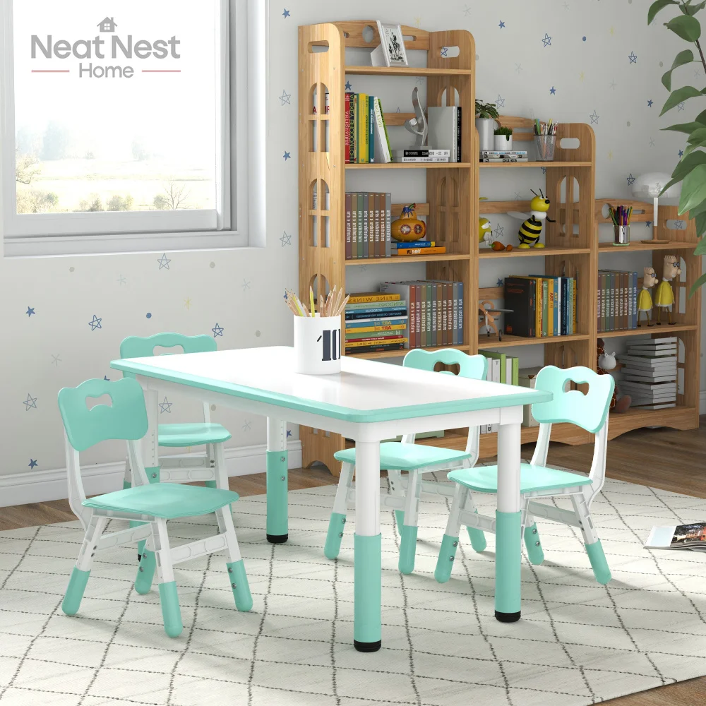 

Kids Table and Chair Set, 5 Piece Toddler Table and Chair Set, 4 Chairs Adjustable Height,Homeschooling Aged 1.5 - 5 Years Old,