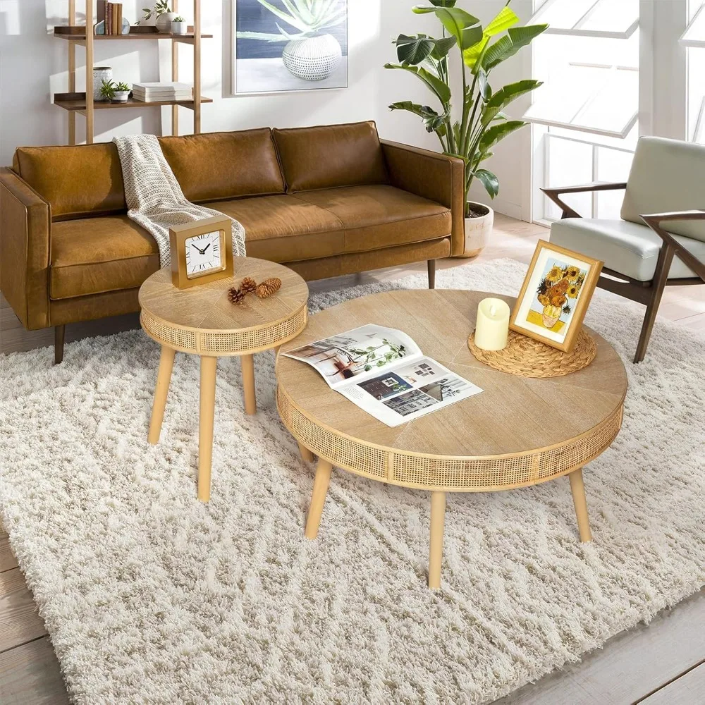 Modern Rustic Farmhouse Coffee Table Set, 2-Piece Solid Wood Sofa Side Tables with Rattan Accents