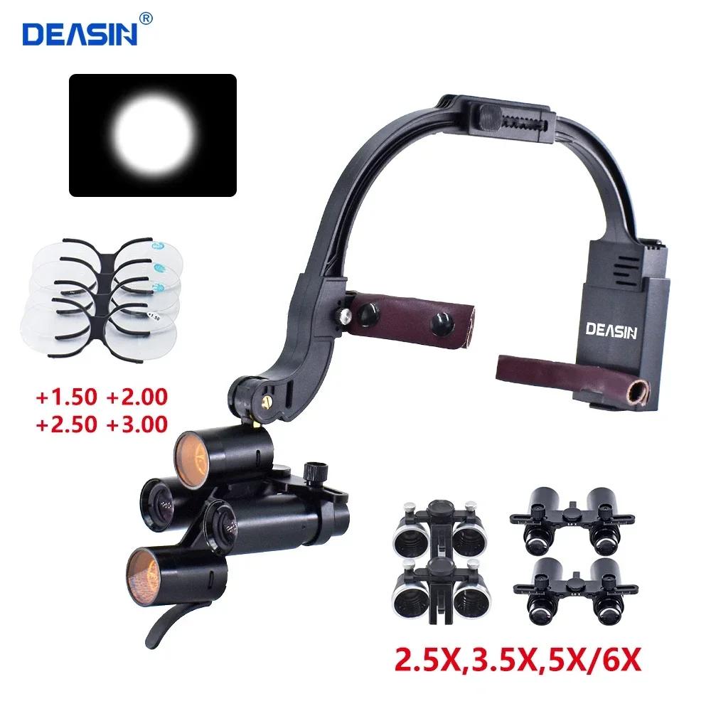 DEASIN 5X/6XDentals LED Headlight Binocular / Kepler Loupes Headband Adjustable 5W Dentist Surgical Headlamp Dentistry Magnifier