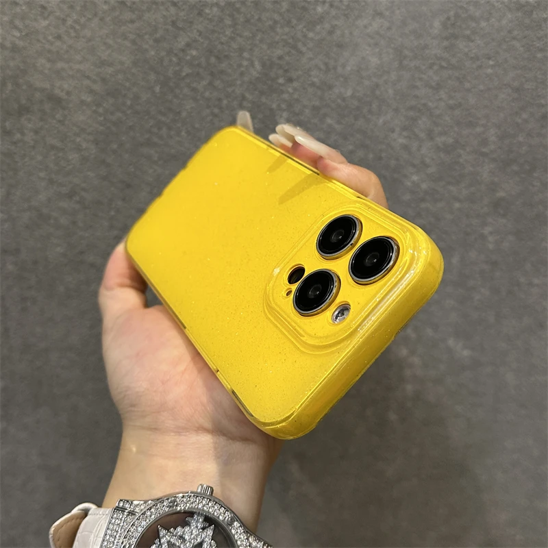 Coque de téléphone à paillettes jaune fluorescent brillant, étui en Silicone souple pour iPhone 17 16 15 13 14 12 11 Pro Max 16e XS XR X 7 8 Plus SE