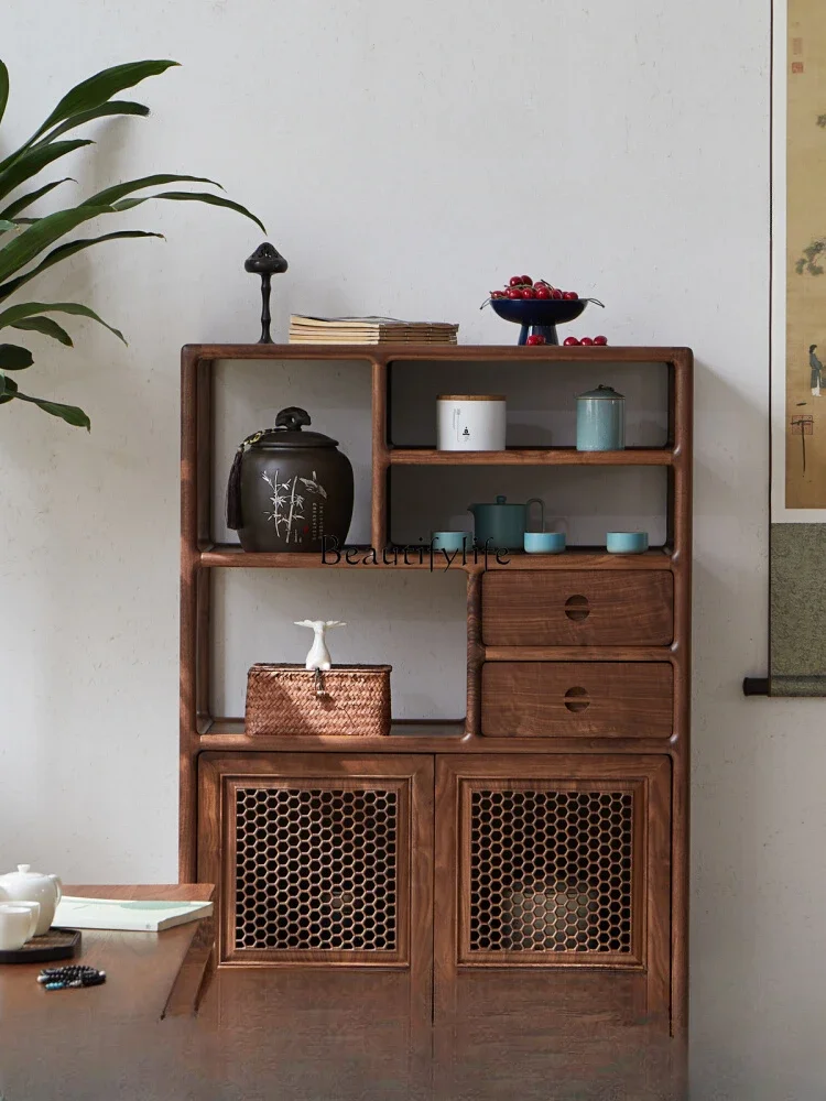 

LD33New Chinese Style Black Walnut Tea Side Cabinet Solid Wood Old Elm Tea Room Low Cabinet Storage Rack