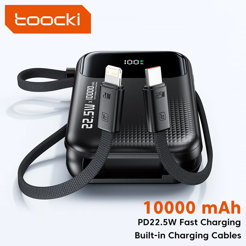 

Toocki 10000 мАч Power Bank Встроенный USB C/iP-кабель PD22,5 Вт Светодиодный дисплей Сохранее авиакомпании Зарядное устройство Powerbank для iPhone iPad Xiaomi