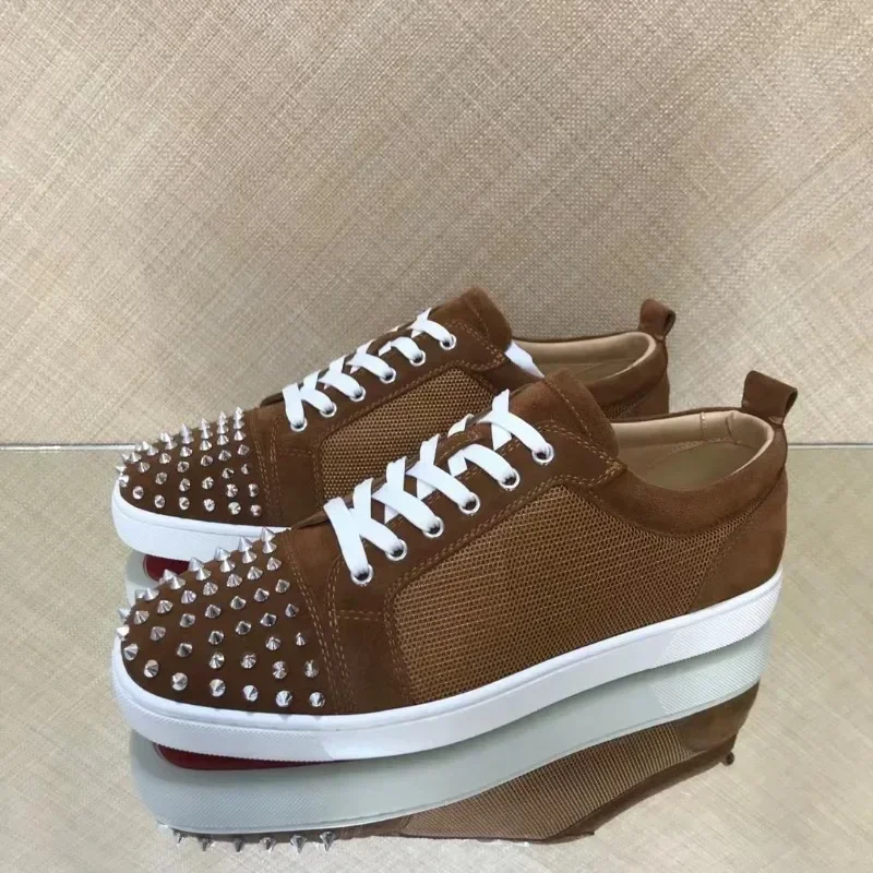 

Low Top Red Bottom Shoes For Men Luxury Brand High Trainers Driving Spiked Bar Silver Rivets Toecap Brown Suede Genuine Leather