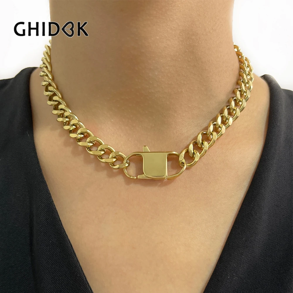 GHIDBK Tarnish Free Stainless Steel Gold Pvd Plated Extra Large Lobster Clasp Chunky Chain Choker Necklace for Women Jewelry