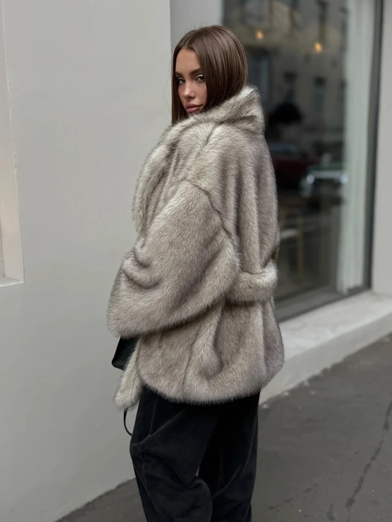 ZADORIN Luxury Women Gradient Belted Faux Fox Fur Coat Eco-friendly Lapel Mid Long Loose Fluffy Warm Jacket Winter Streetwear