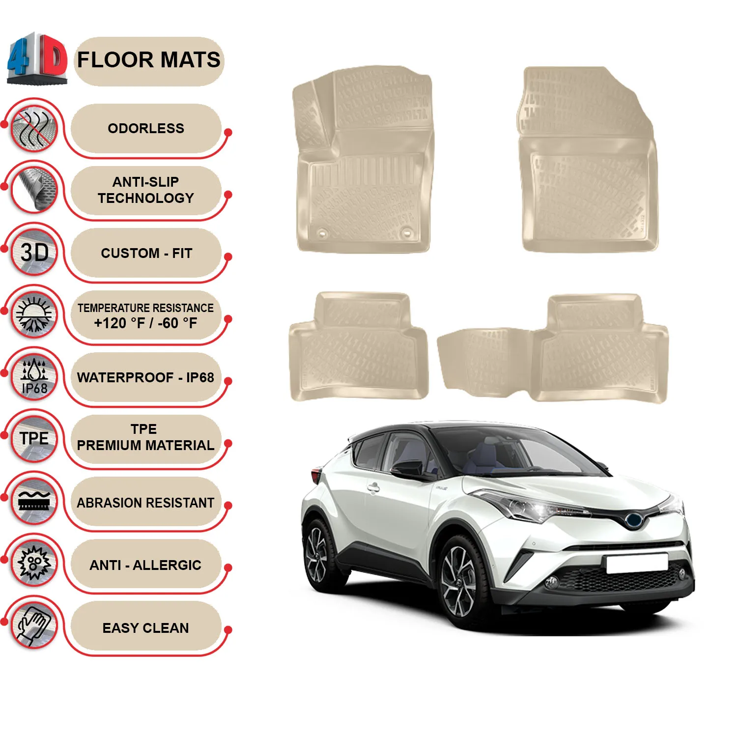 Toyota CH-R - (2016-2022) Floor Mats Liner Waterproof 3D - (Beige)