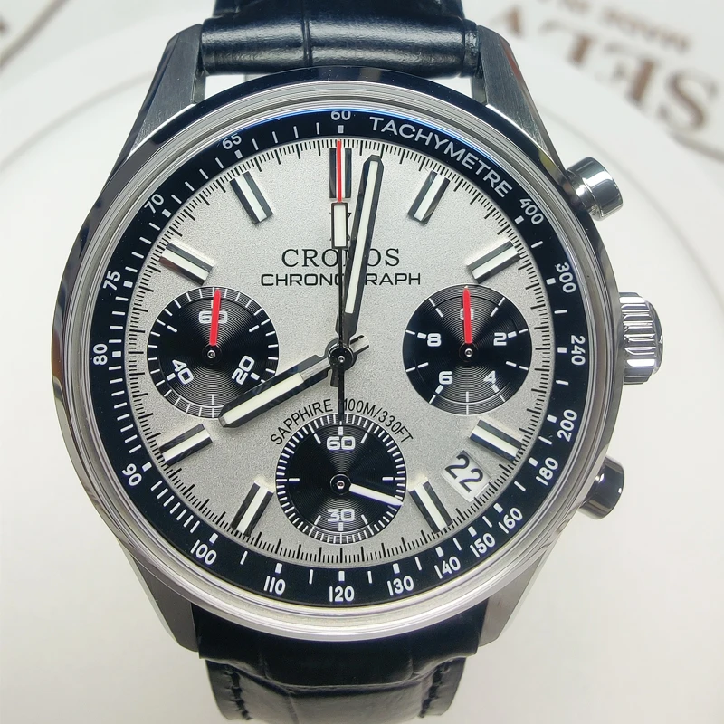 Cronos Chronograph Quartz Men Watch Miyota S620 Black&White Panda Dial Sapphire 10 ATM Tachymetre Leather Strap