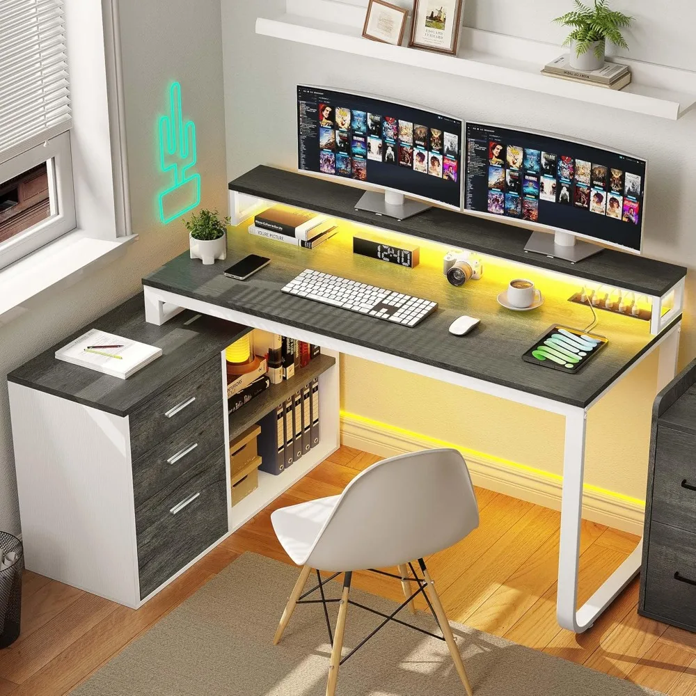 

Computer Table, L Shaped Desk with 3 Drawers, 65" Corner Computer Desk with Power Outlets & LED Lights, L-Shaped