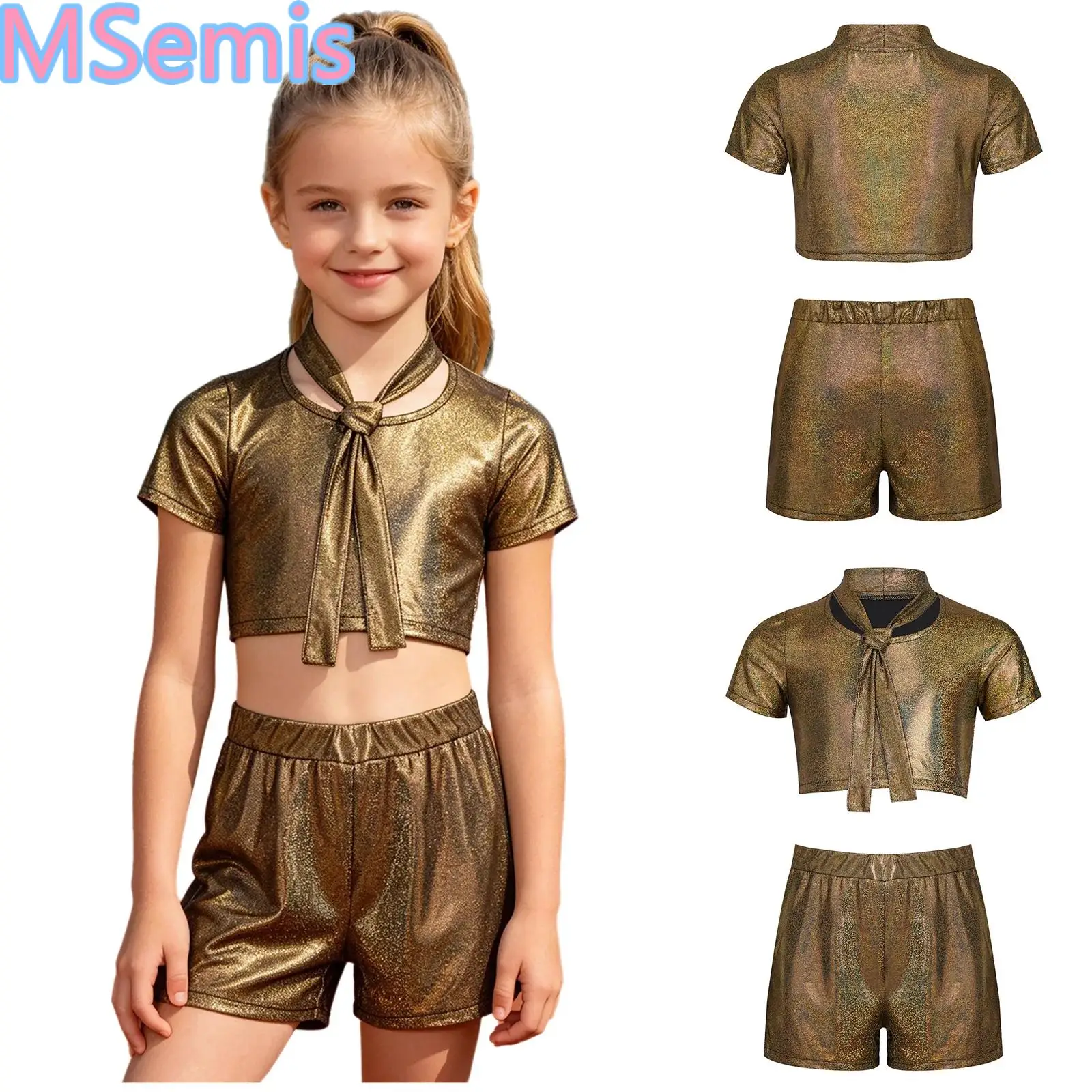 Kids Boys Girls 2-piece Metallic Modern Street Dance Outfits Short Sleeve T-shirt with Shorts Set for Cheerleading Performance