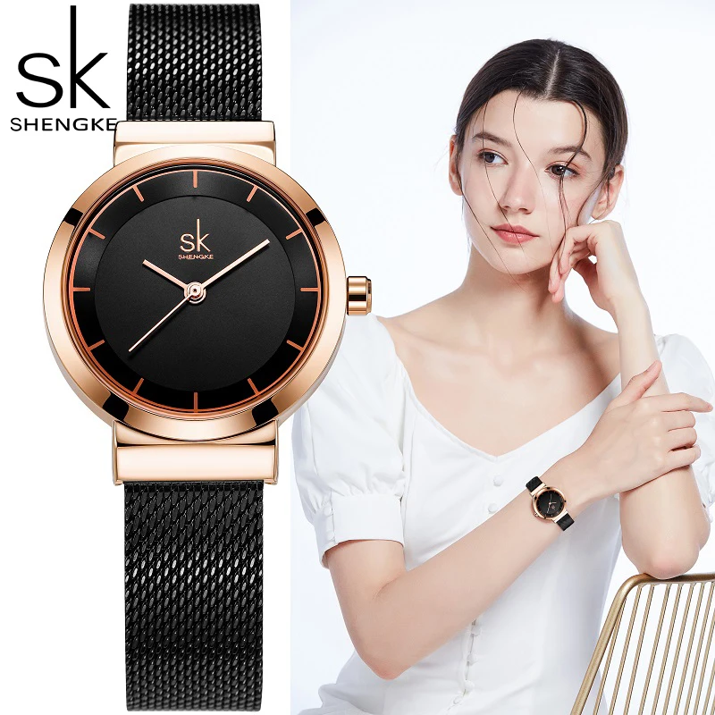 Shengke SK Luxury Brand Dress Golden Watch Ladies Elegant Diamond Quartz Wrist Watches For Women Steel Mesh Clock zegarek damski