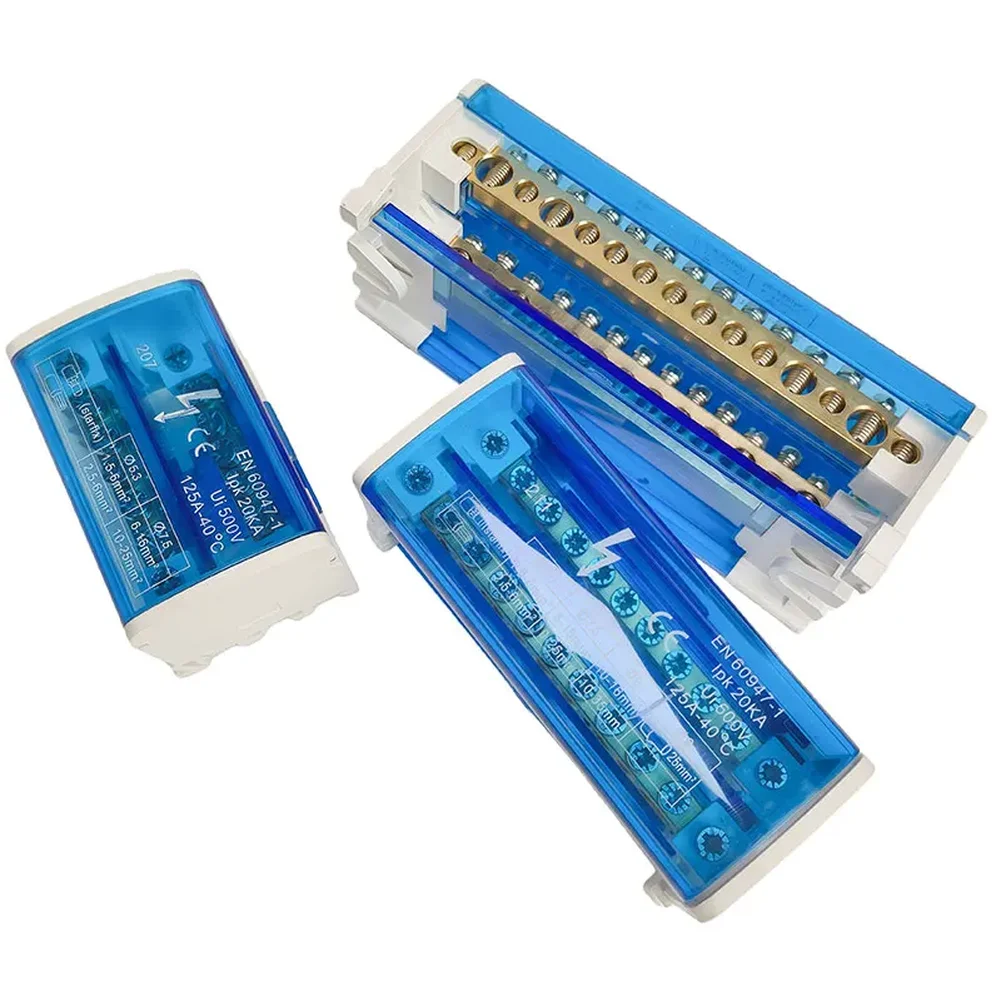 Blue Electrical Junction Box 125A Load Capacity 12 Input Multiple Output Polycarbonate Body Nickel Plated Brass
